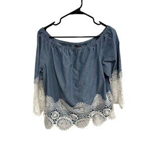 Unique Spectrum White Lace Trim Denim Blue Off-Shoulder Top Size M Boho Chic